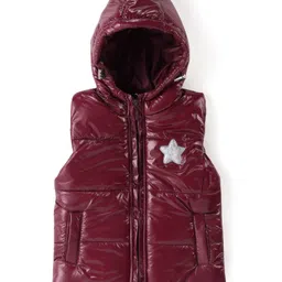 Babyhug Woven Sleeveless Padded Hooded Solid Jacket with Star Applique - Red-image-37