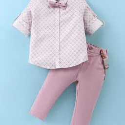 ToffyHouse Poplin Woven Full Sleeves Floral Printed Shirt & Trouser Set With Suspender & Bow - Rose Gold-picture-10