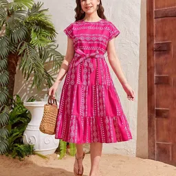 Bolly Lounge Half Sleeves Abstract Printed Layered Dress - Pink-picture-12