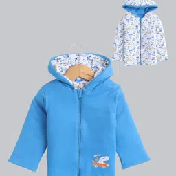BUMZEE Cotton Full Sleeves Dinosaur Embroidered Hooded Reversible Jacket - Royal Blue & White-image-95