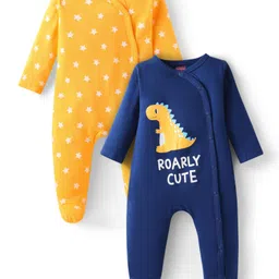 Babyhug Cotton Knit Full Sleeves Sleep Suits With Star & Dino Print Pack of 2 - Navy Blue & Yellow image 1