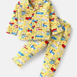 Babyhug Cotton Knit Full Sleeves Front Open Night Suit with Airplane Print - Yellow-picture-14