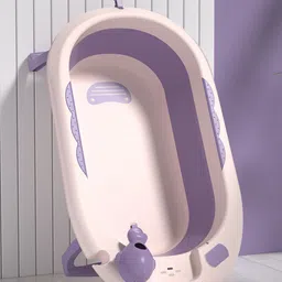 Babyhug Foldable Baby Bath Tub with Drain Plug | Compact Fold and Travel Friendly| Non-slip Base| Smooth Rounded Edges| Shampoo Rinse Cup - Purple-image-90