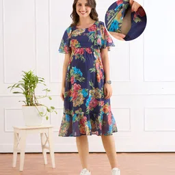 Bella Mama Viscose Woven Half Frill Sleeves Maternity Dress With Floral Print - Navy Blue-image-40