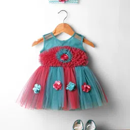 Enfance Sleeveless Floral Applique Detailed Colour Blocked Knee Length Dress With Headband & Booties - Teal Blue image 1