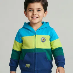 Babyhug Cotton Knit Full Sleeves Front Open Hooded Sweatjacket With Colour Blocks - Multi Colour image 1