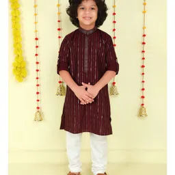 Ministitch Cotton Woven Full Sleeves Foil Striped Kurta Pyjama Set - Wine-picture-22