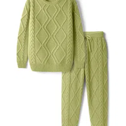 Pine Kids Knitted Full Sleeves Sweater Set With Cable Knit Design - Green-image-46