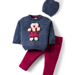 Yellow Apple Knit Full Sleeves Sweater Set With Teddy Applique & Cap - Blue-picture-12