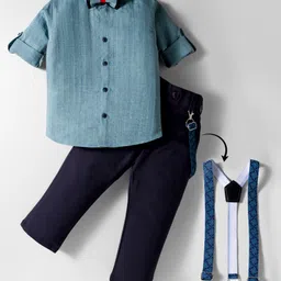 Rikidoos Full Sleeves Textured Shirt Pant With Bow & Suspender Set - Sea Green & Navy Blue-picture-18