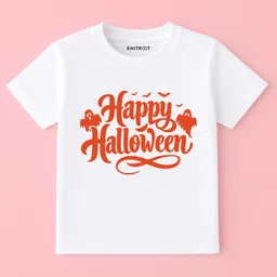 KNITROOT Cotton Lycra Knit Halloween Theme Half Sleeves Happy Halloween Text Printed Tee - White-picture-12