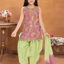Lagorii Girls Floral Printed Sequinned Kurti with Palazzos & Dupatta-image-33