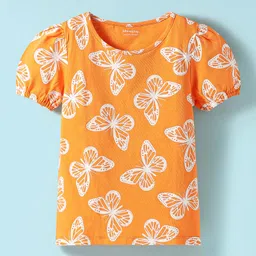 Honeyhap Premium100% Cotton Knit Bio Finish Half SleevesTops With Butterfly & Floral Print Pack of 2 - Blazing Orange & Bright White image 2