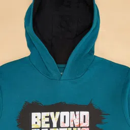 Pantaloons Junior Cotton Knit Marvel Avengers Featuring Full Sleeves Beyond Earths Mightiest Text Printed Light Winter Hoodie - Teal Blue image 3