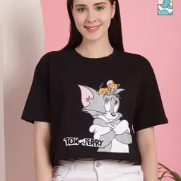 Dreambe Women Pack of 2 Tom & Jerry Graphic Printed Round Neck Cotton Boxy T-shirts-picture-37
