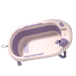 Babyhug Foldable Baby Bath Tub with Drain Plug | Compact Fold and Travel Friendly| Non-slip Base| Smooth Rounded Edges| Shampoo Rinse Cup - Purple image 3