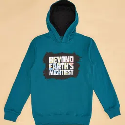 Pantaloons Junior Cotton Knit Marvel Avengers Featuring Full Sleeves Beyond Earths Mightiest Text Printed Light Winter Hoodie - Teal Blue image 4