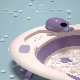 Babyhug Foldable Baby Bath Tub with Drain Plug | Compact Fold and Travel Friendly| Non-slip Base| Smooth Rounded Edges| Shampoo Rinse Cup - Purple image 5