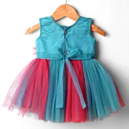 Enfance Sleeveless Floral Applique Detailed Colour Blocked Knee Length Dress With Headband & Booties - Teal Blue image 5