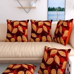 TANLOOMS Maroon & Gold Toned 5 Pieces Floral Textured Velvet Square Cushion Covers-picture-12