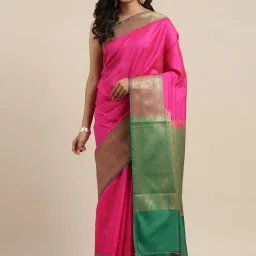Banarasi Silk Works Pink Silk Woven Saree With Unstitched Blouse image 1