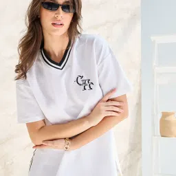 Styli White Cotton Self Pattern Oversized T-Shirt image 1