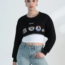 SHOWOFFFF Black Cotton Relaxed Fit Printed Crop Top With Inner Tank Top image 1