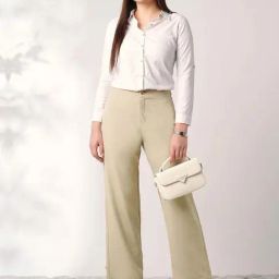 Globus Women Light Beige Mid Rise Straight Fit Adjustable Button Hem Korean Pants-picture-26