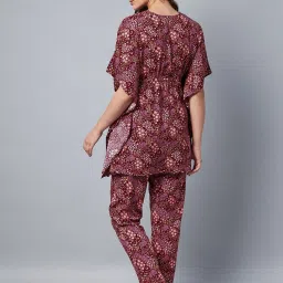 StyleStone Maroon Floral Print Kaftan Top With Pyjamas image 2