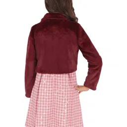 Cutecumber Kids Maroon & Pink Checks Full Sleeves Dress with Shrug image 2