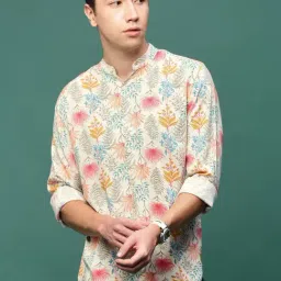 Showoff Cream Cotton Slim Fit Floral Print Shirt-image-11