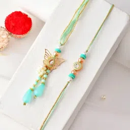 Aapno Rajasthan Green Mint Meenakari Inspired Bhaiya Bhabhi Casual Rakhi with Roli Chawal & Greetings Card-picture-12