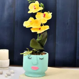 Tayhaa Blue & Yellow Ceramic Artistic Face Planter With Artificial Orchids image 1