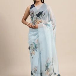 Janasya Sky Blue Printed Saree With Unstitched Blouse-picture-36