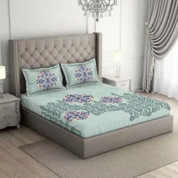 Spaces Crafted Lores Printed Light Green Cotton King Bed Sheet with 2 Pillow Covers image 1