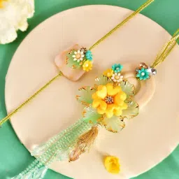 Aapno Rajasthan Green Elegant Handpicked Pearl Drop Flower Casual Rakhi with Roli Chawal & Greetings Card-picture-41
