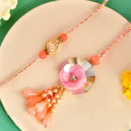 Aapno Rajasthan Pink Designer Peach Petal Handcrafted Casual Rakhi with Roli Chawal & Greetings Card-image-15