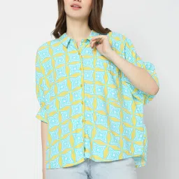 Vero Moda Blue & Yellow Viscose Printed Shirt image 1