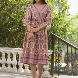 Rain and Rainbow Pink Cotton Printed A-Line Dress image 1