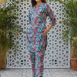 Rain and Rainbow Blue Cotton Printed Kurti Pant Set image 1