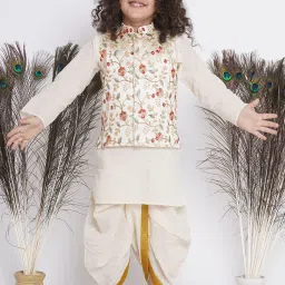 Little Bansi Kids Cream Embroidered Full Sleeves Kurta , Jacket with Dhoti image 1