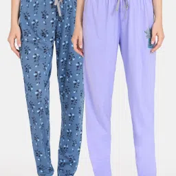 Rosaline by Zivame Blue & Purple Cotton Printed Pyjamas - Pack of 2 image 1
