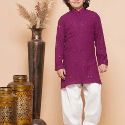 AJ Dezines Kids Purple & White Cotton Embroidered Full Sleeves Kurta Set image 1