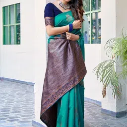 Satrani Teal Green Silk Woven Saree With Unstitched Blouse-image-14