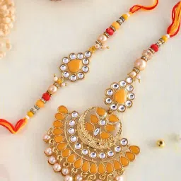 Aapno Rajasthan Beautiful Orange Stone Work Bhaiya Bhabhi Rakhi image 1