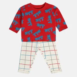 MINIKLUB Boys Red & Cream Printed Full Sleeves T-Shirt with Pants image 1
