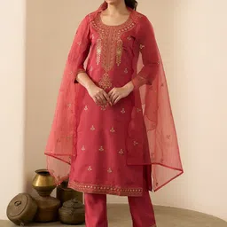 Anouk Ethnic Motifs Embroidered Round Neck Chanderi Silk Kurta & Trousers With Dupatta-picture-21