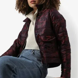 Campus Sutra Maroon Camouflage Padded Jacket image 4