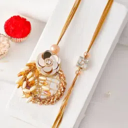 Aapno Rajasthan Gold Traditional Luxe Floral Bhaiya Bhabhi Casual Rakhi with Roli Chawal & Greetings Card-picture-13