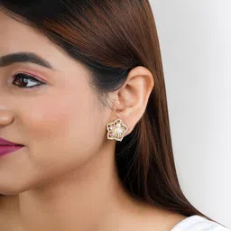 Bishty Fashion Stainless Steel Gold-Plated Artificial Stones Studded Flower Shaped Studs image 4